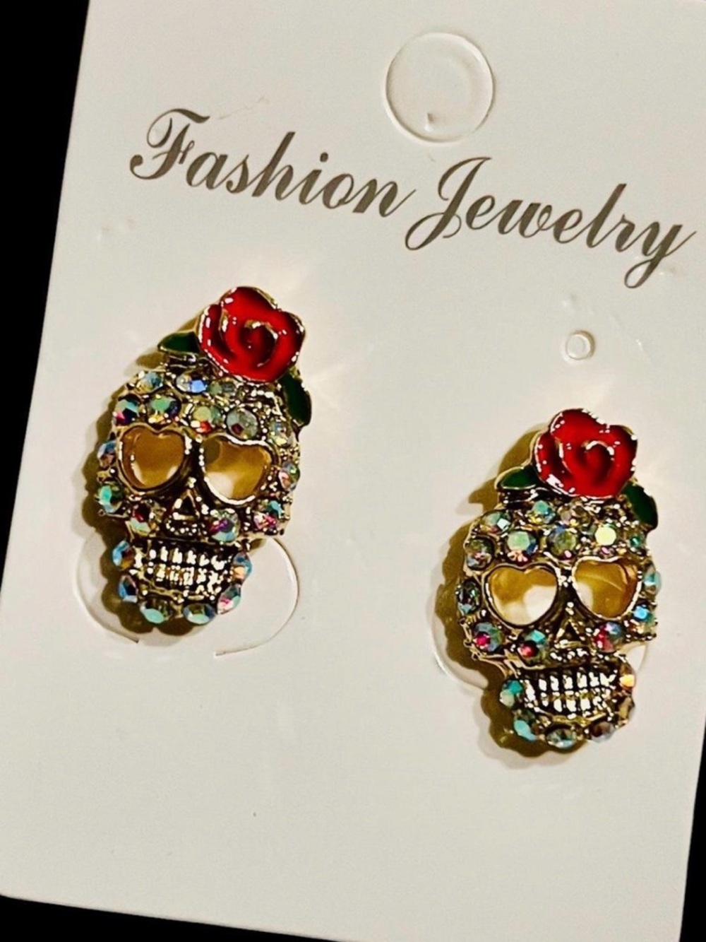 New Rhinestone Sugar Skull Stud Earrings with Pink Rose Accent - Picture 3 of 3